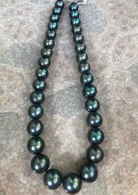 

stunning round huge10-12mm freshwater round black green pearl necklace 18"925silver