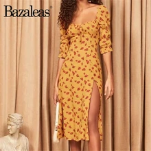 Bazaleas Vintage lazo de busto en vestidos amarillo floral imprimir vestido de verano con abertura manga linterna vestido midi