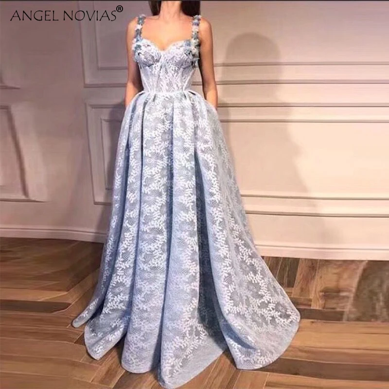 Женское вечернее платье ANGEL NOVIAS светло голубое кружевное с бретельками на заказ