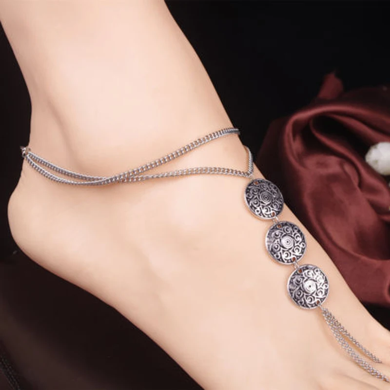 Silver Color Bohemian Coin Metal Tassel Anklet Luxury Charm Coin Ankle Bracelet For Women Jewelry Summer Style Beach Foot Chain
