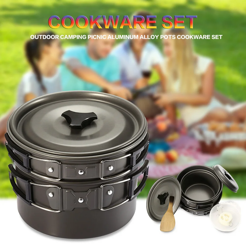 

Outdoor Camping Picnic Aluminum Alloy Tableware Cookware Pots Frying Pan Bowl Set For Camping Outdoor Travel High Quality 2016