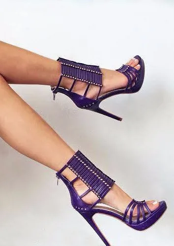 

Woman cut-outs summer shoes hot selling purple leather high heel shoes sexy open toe rivets studded gladiator sandal boots