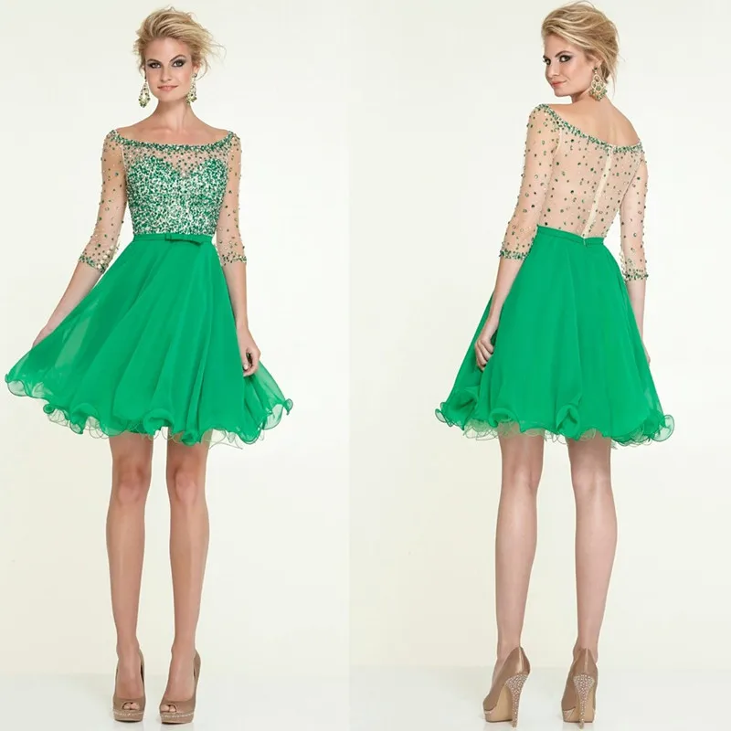 Ball gown beading chiffon prom dress green short p...