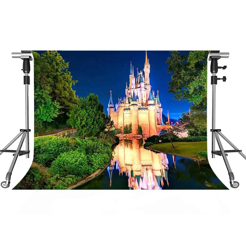 

MTMETY Disneyland Photography Background Light Building River Green Plant Kids Backdrop for Birthday Party Photo Booth Studio