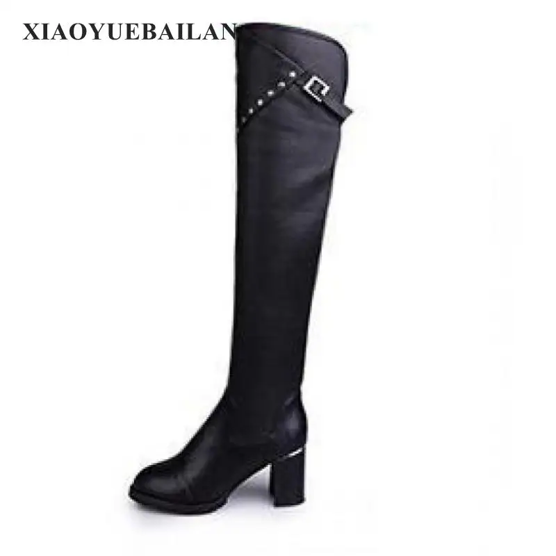 2017 New Autumn And Winter With Thick High-heeled Boots Female Knee Elastic Rivet Sleeve | Обувь