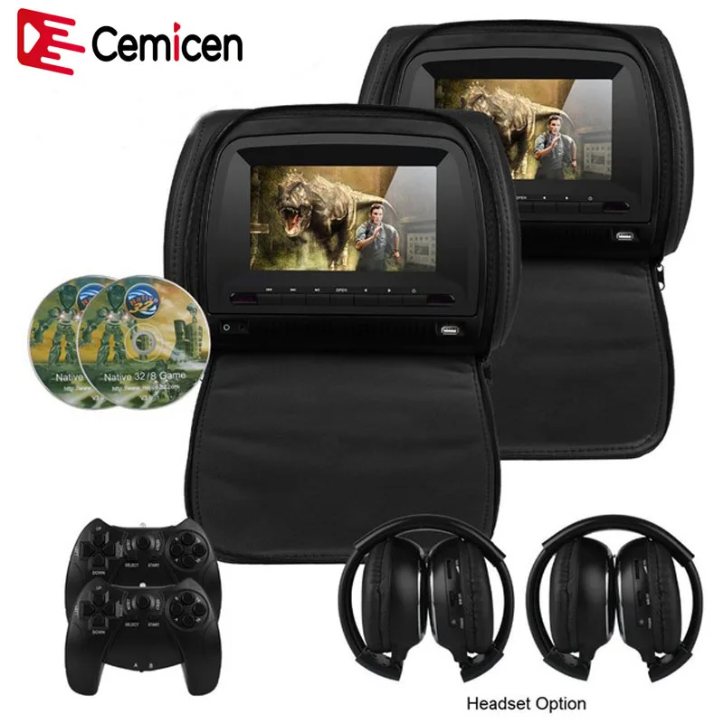 

Cemicen 2PCS 7 Inch Car Headrest Monitor DVD Video Player 800x480 Zipper Cover TFT LCD Screen Support IR FM USB SD Speaker Game