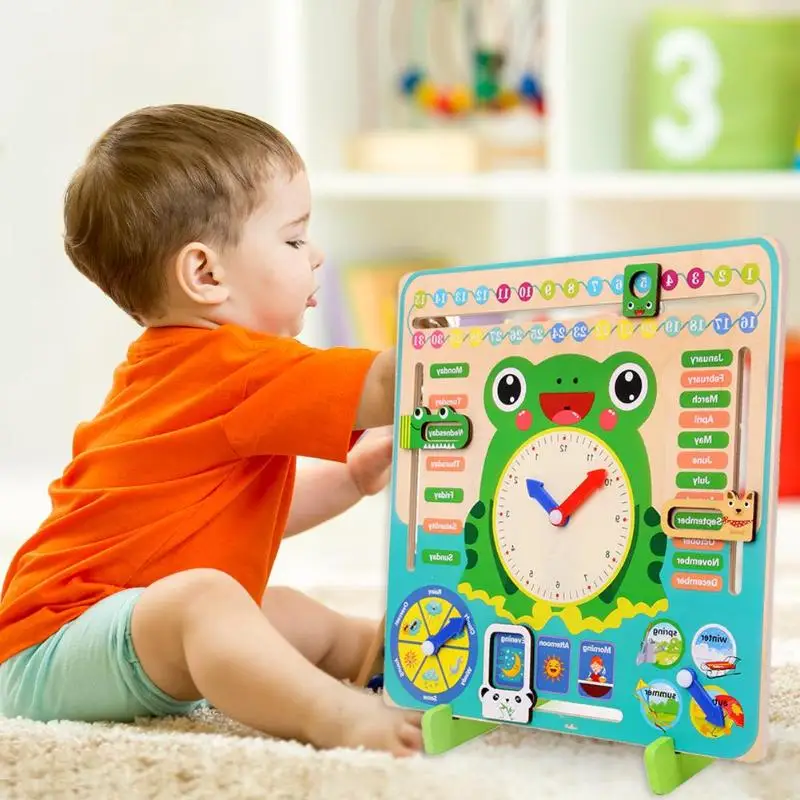 remarkable  Wooden Cartoon Frog Calendar Clock Children Cognitive Early Education Toys