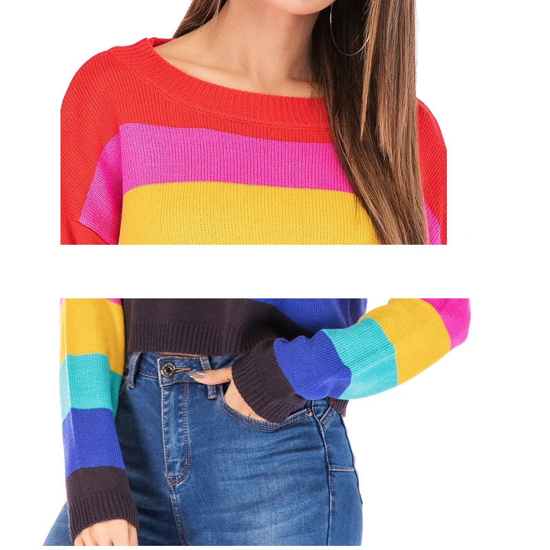 Rainbow Stripes Pullovers Women Sweater Jumper Knitwear 2019 Fashion Loose Sexy O Neck Female Sweaters Colorful Pull Clothing
