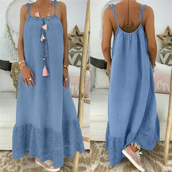 

Women Cotton Linen Maxi Dress Sleeveless Casual Boho Kaftan Tunic Loose Strap Dresses Lace Ruffled Hem