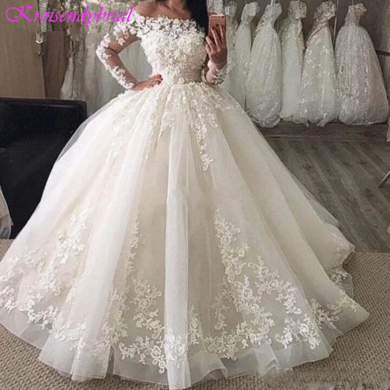 

DZW122 Long Sleeves Vestido De Noiva 2019 Muslim Wedding Dresses Ball Gown Boat Neck Tulle Lace Boho Wedding Gown Bridal