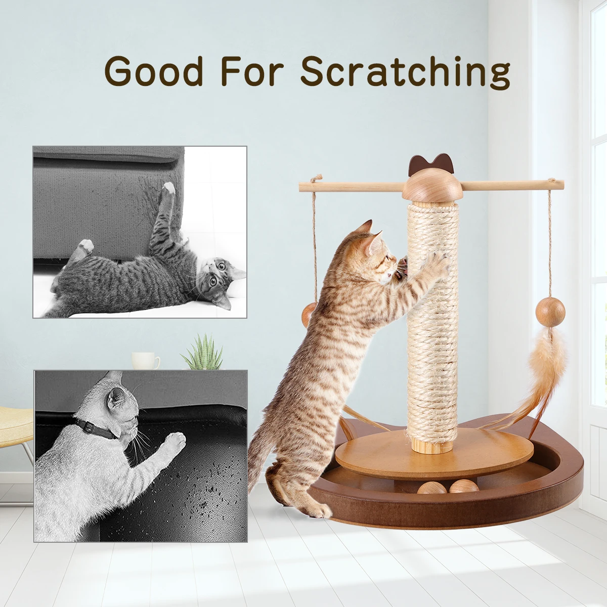 Docamor Многофункциональная игрушка для кошек, прочная вращающаяся на 360 ° штанга с перьями и деревянными шариками, Когтеточка из сизаля