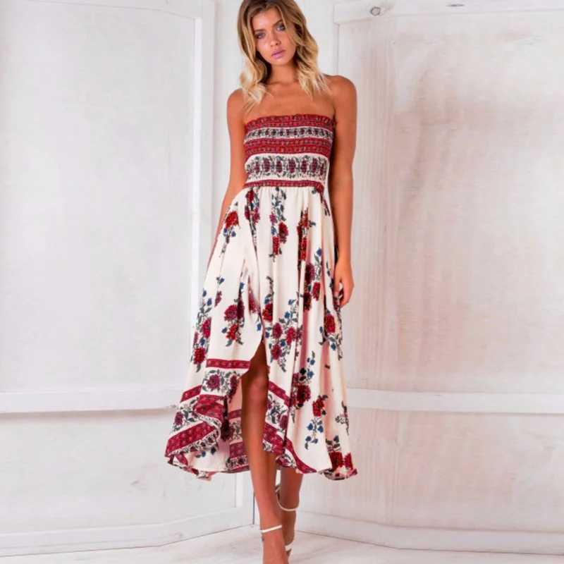 

Summer Women Dress 2018 Vintage Sexy Bohemian Floral Beach Dress Sundress Red White Dress Striped Female