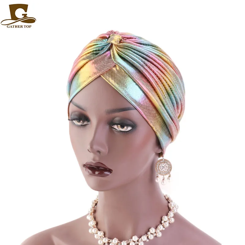 Colorful New Women Laser Silky Ruffle Metallic Turban Hair Cover Accessories Wave Caps Bonnet Salon Hat Turban Headwrap