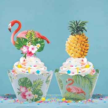 

24pcs/st Tropic Flamingo / Pineapple Cupcake Wrappers + Cake Topper for Hawaii Wedding Birthday Party Cake Decorating Supplies