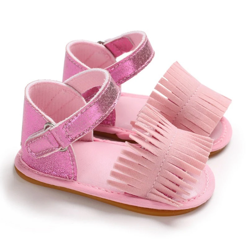 Сандалии для девочек; летняя обувь для новорожденных с кисточками; нескользящие пляжные сандалии из искусственной кожи на резиновой подошве для детей 0-18 месяцев; модные сандалии принцессы