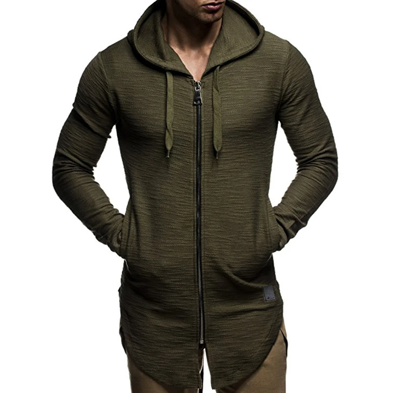 

Bigsweety Autumn Spring Drawstring Pocket Hooded Sweatshirt Men's Hoodies Tracksuit Long Sleeve Zip Slim Irregular Hem Outwear
