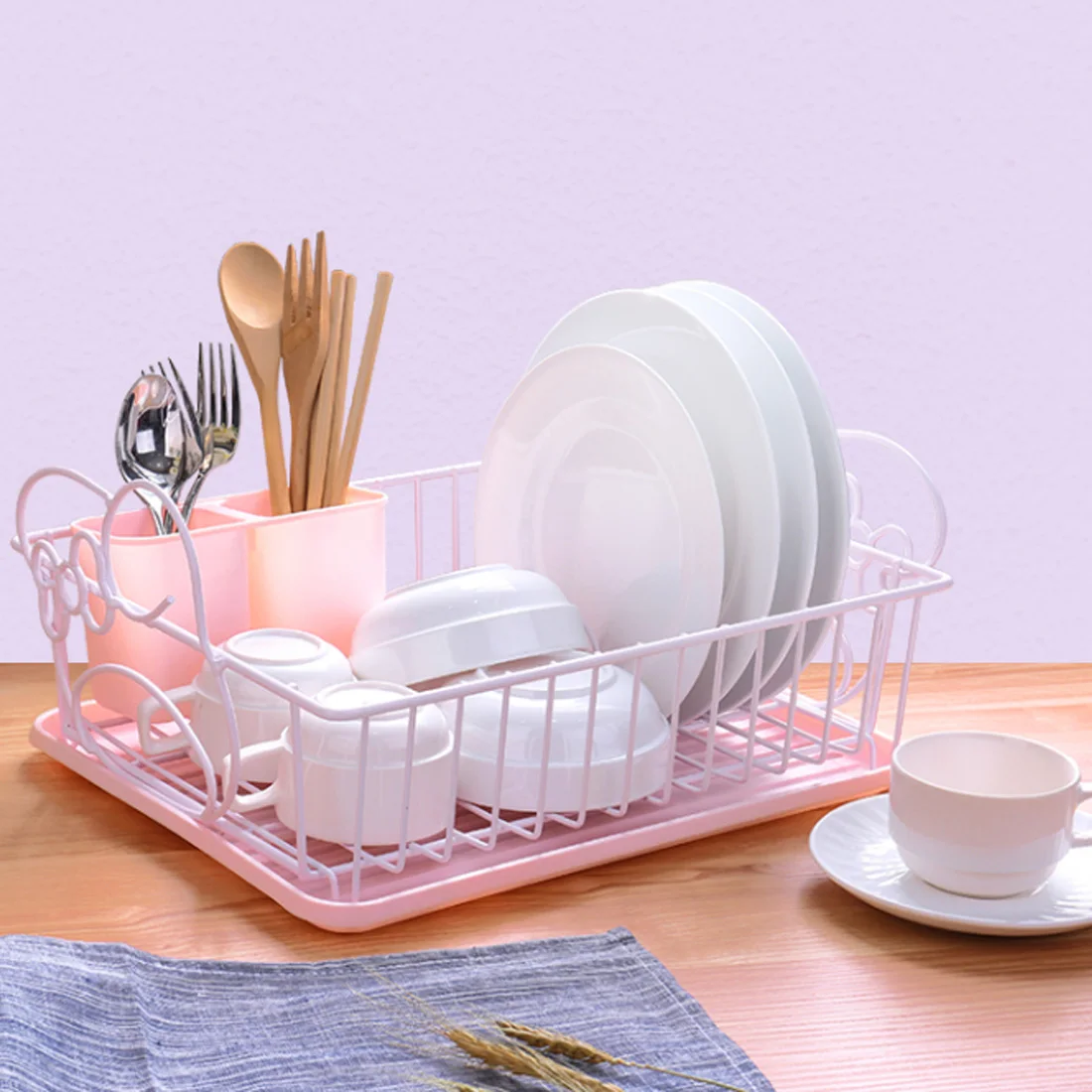 

Single Layer Bowl Chopstick Drain Rack Tableware Storage Shelf Plate Pot Chopstick Holder with Dishcloth for Kitchen - Pink