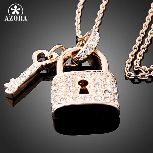AZORA розовое золото цвет ключ и замок кулон кристалл ожерелье, модные ювелирные изделия ожерелье TN0155