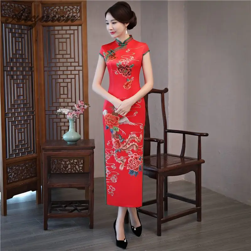 Новое красное свадебное Qipao женское современное китайское платье Традиционные вечерние платья длинные шелковые Cheongsam Элегантные цветы