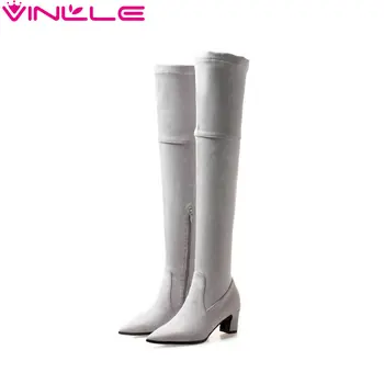 

VINLLE 2020 Women Over The Knee High Boots Flock Platform Square High Heel Pointed Toe Women Boots Size 32-43
