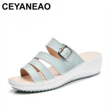 

CEYANEAO Genuine Leather Summer Women Sandals Female Wedge Low Heels Sandalias Mujer Casual Lady Sandals Slipper Shoes WSH2715
