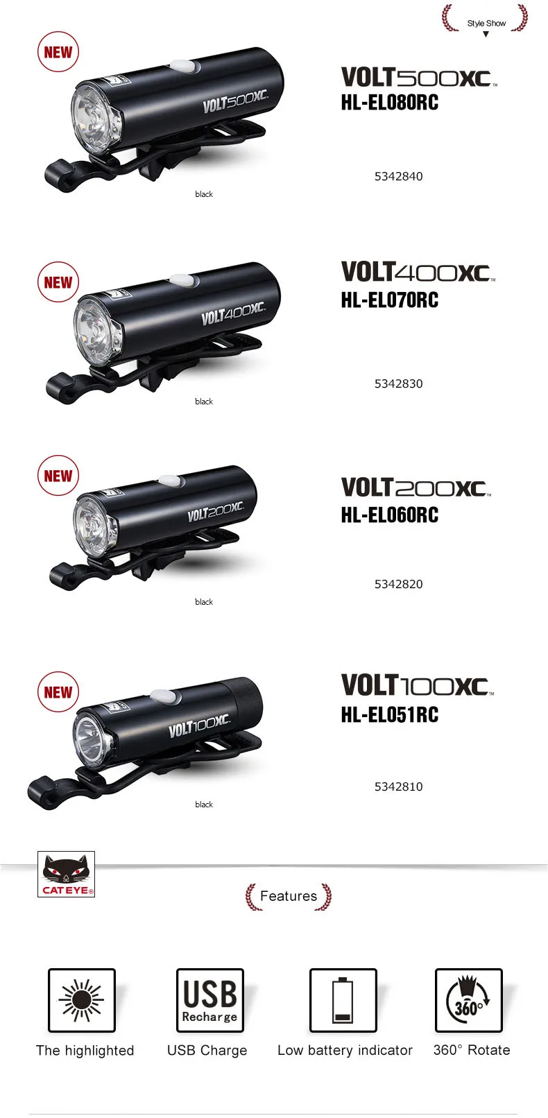Clearance CATEYE Bicycle Light Rechargeable Headlights 100/200/400/500 Lumens White LED Lamp Bike Lantern Flashlight Cycling Accessories 1