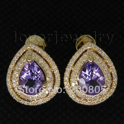 

New Fancy Vintage Purple Amethyst Studs Earrings,Solid 14Kt Gold Natural Diamond Amethyst Earrings Pear 9x7mm CA001