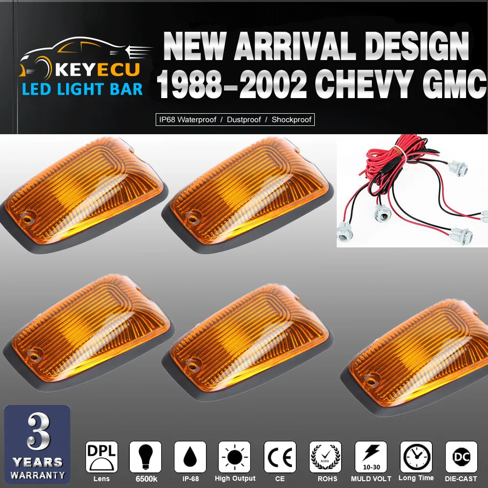 

KEYECU 5pcs Cab Roof Running Marker light Amber Cover For 1988-2002 Chevy GMC Direct Replacement for fast feet or curved roofs