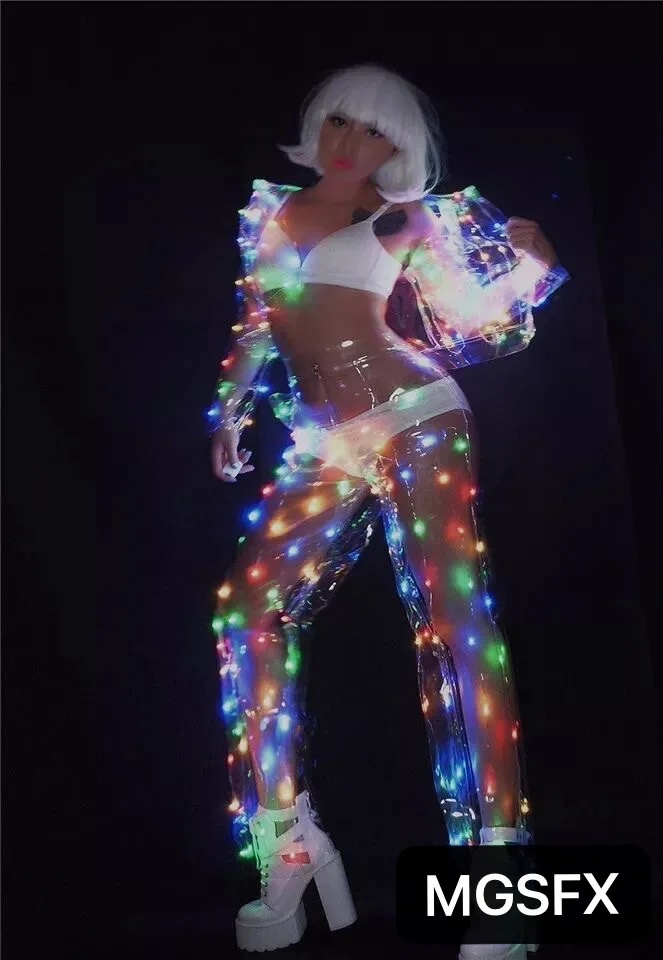 

Free shipping Sexy colourful LED lights Performance clothes led transparent dance costume Cosplay nightclub LED suit