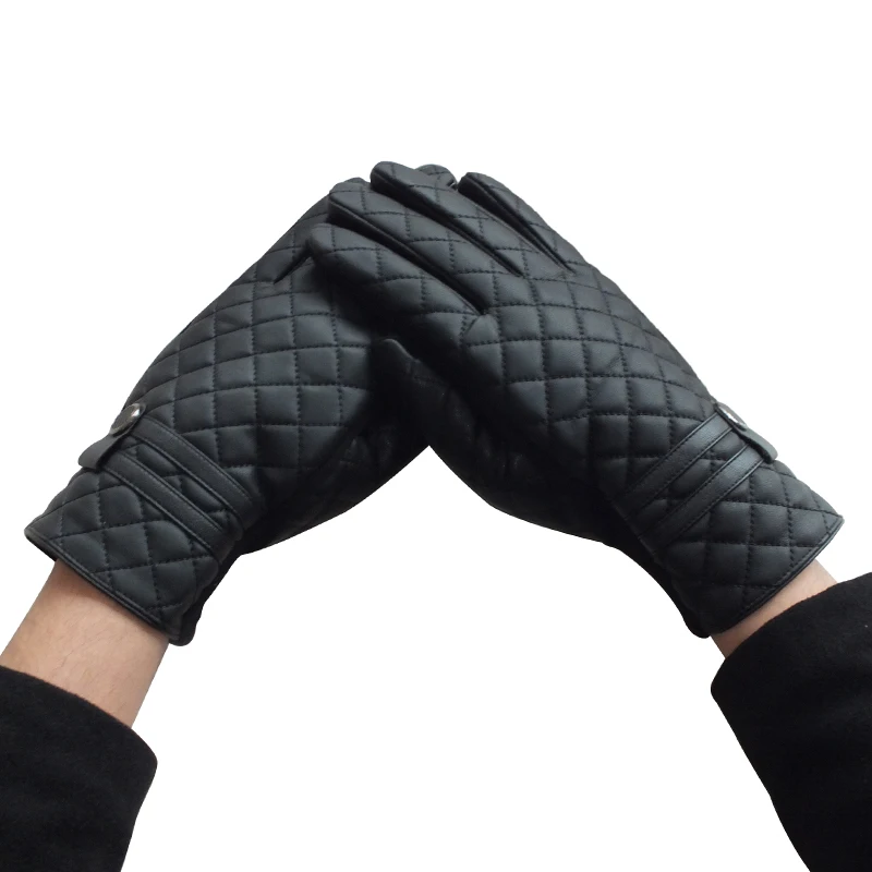 

Winter Men's PU Leather Gloves Touch Screen Gloves Fashion Plaid Button Warm Black Gloves Full Finger Driving Mittens