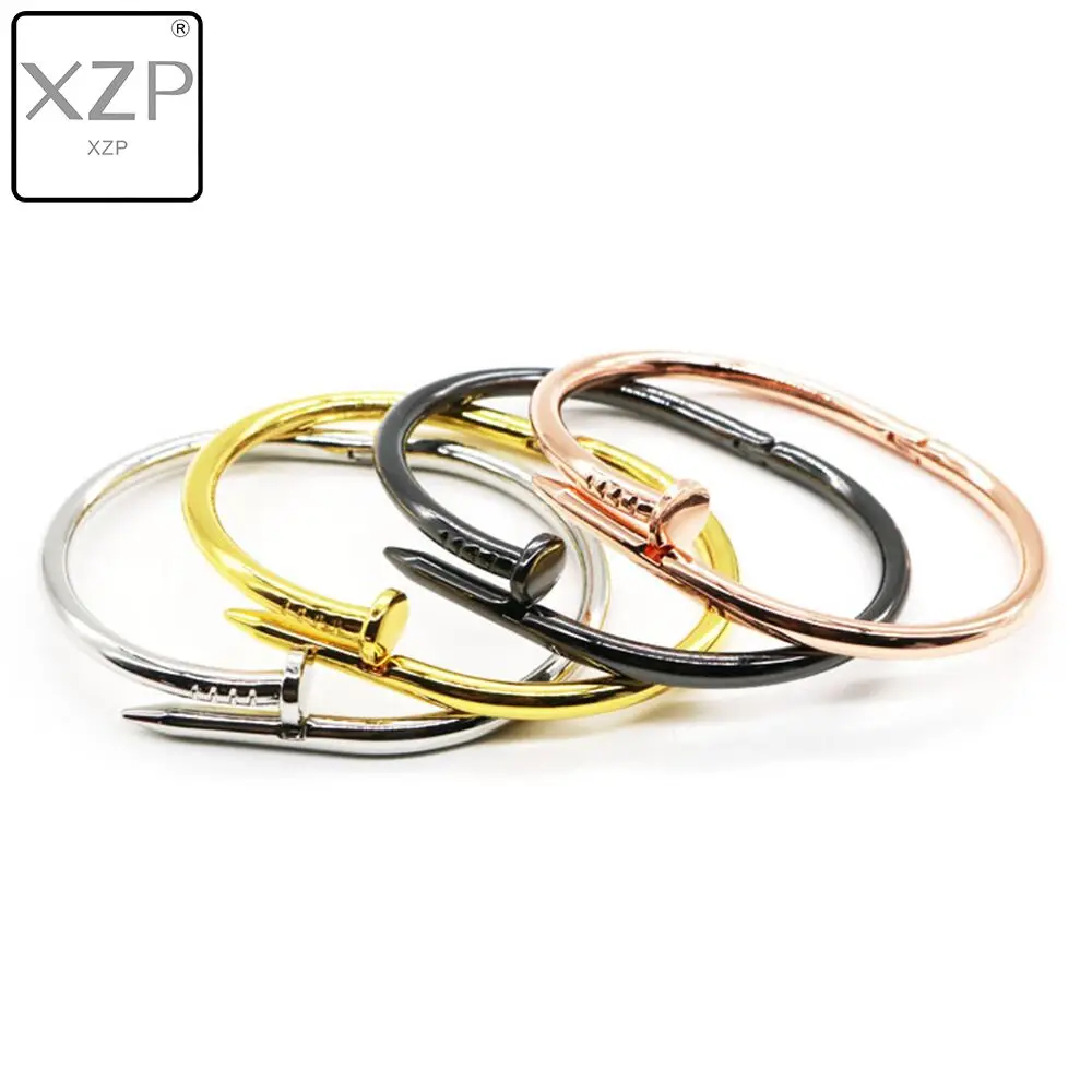 

XZP Simple Open Nails Bracelet Silver Gold Gun Black Rose Gold Couple Bracelets Bangles Punk for Women Men Best Gift Jewelry