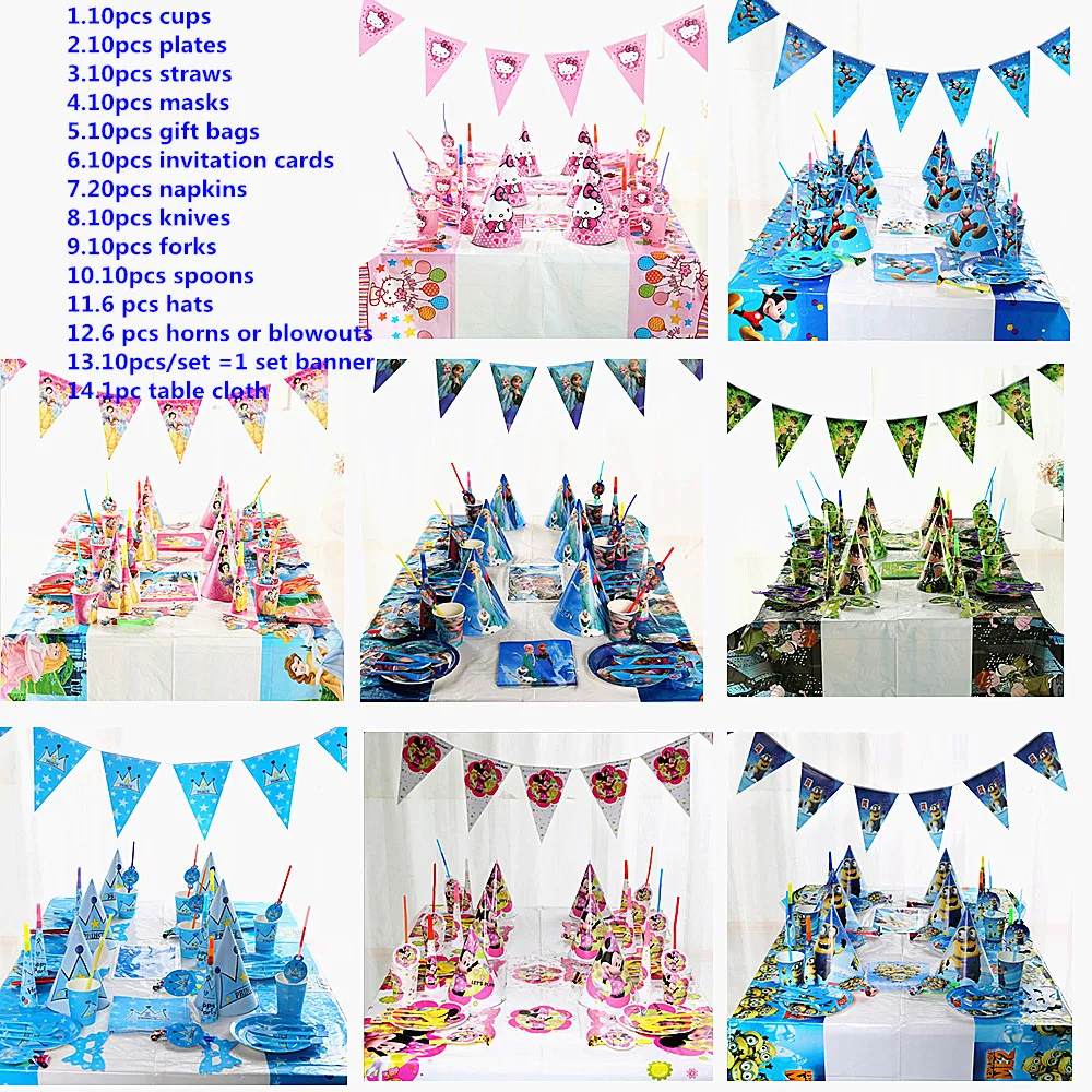 

Luxury Minnie Mickey Frozen Macqueen the cars happy birthday kids disposable tableware party decoration set