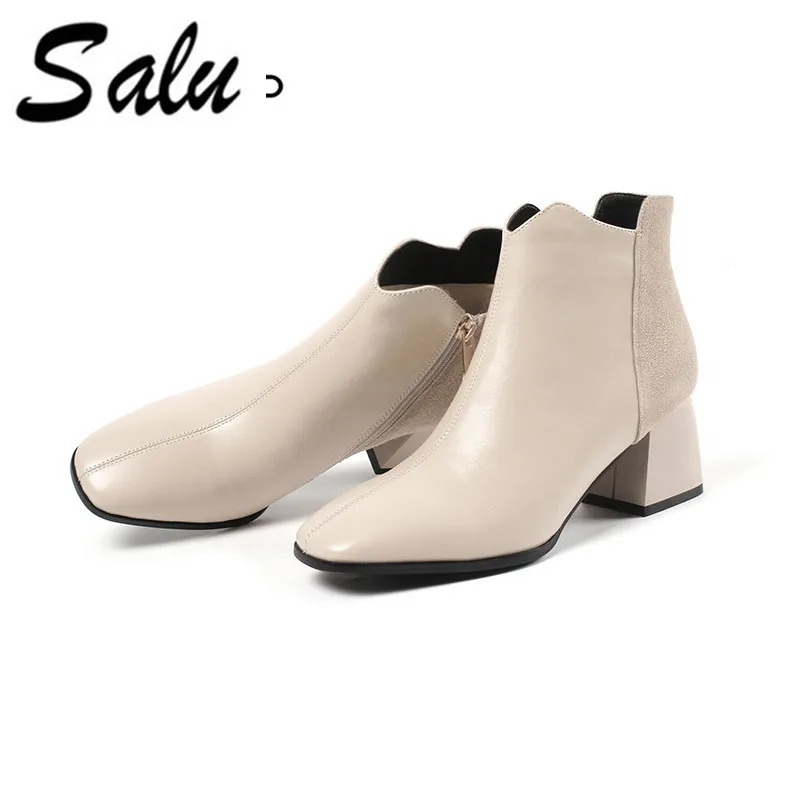 Salu Genuine Leather Boots Square Heel pointed Toe Shoes Women beige Cow Leather Quality Ankle Boots