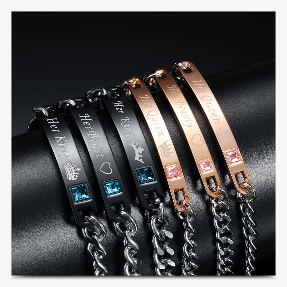 

His Queen Her King Black Rose Gold Women's homme Chain Crystal Couple Stainless steel Bracelet for Men Femme Hands Jewelry