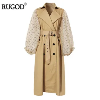 

RUGOD 2019 New Elegant Dot Mesh Patchwork Lantern Sleeve Trench Coat Women Belted Double Breasted Khaki Windbreaker Long Coat