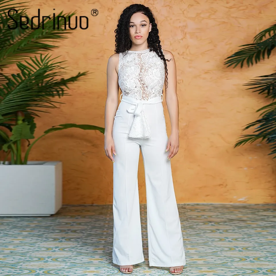 

Sedrinuo Women Elegant Flower Lace Jumpsuits for Women Belted Rompers One piece White Wide Legs Overalls Long Party Jumpsuit