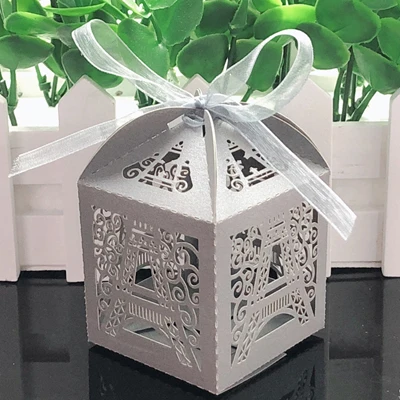50pcs Wedding Candy Box Chocolate Packaging Paris Eiffel Tower Personalized Wedding Box Marriage Favors And Gifts Baby Shower Silver