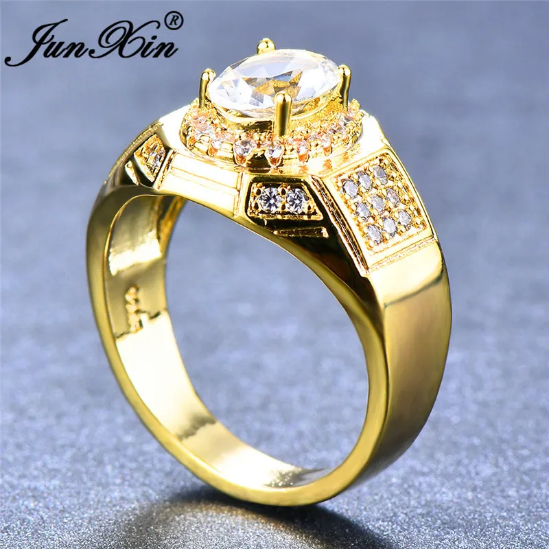 JUNXIN Vintage Male Ring 18KT Yellow Gold Filled Round White aaa Zircon Wedding Rings For Men Luxury Crystal Turkish Jewelry CZ