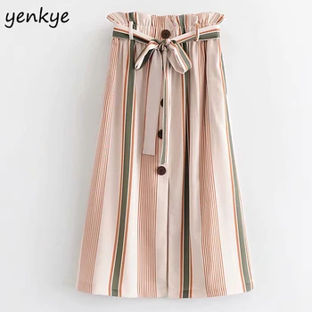 

Women Front Button With Belt Striped Skirt Lady Elastic High Waist A-line Midi Skirt faldas mujer moda 2019 DWDD83100