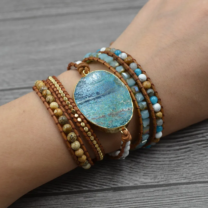 

Newest 5X Leather Wrap Beaded Bracelet Ocean Blue Stone Bracelet Multilayer Boho Chic Jewelry Women Bohemian Bracelet