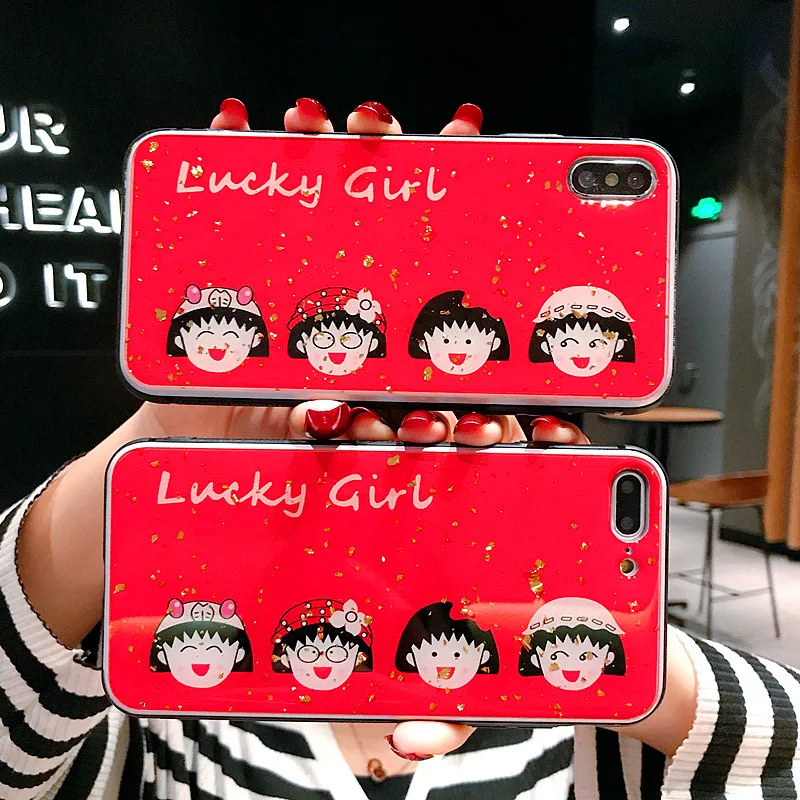 glitter epoxy Soft Case for iPhone 7 8 Plus 6 6s X XR XSMAX skid resistance cartoon redness case Chi-bi Maruko Cover |