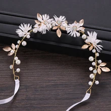 Золото тиары цветок пряжи оставляет жемчужные модные украшения для волос для невесты Для женщин горный хрусталь Hairwear Свадебные украшения для волос