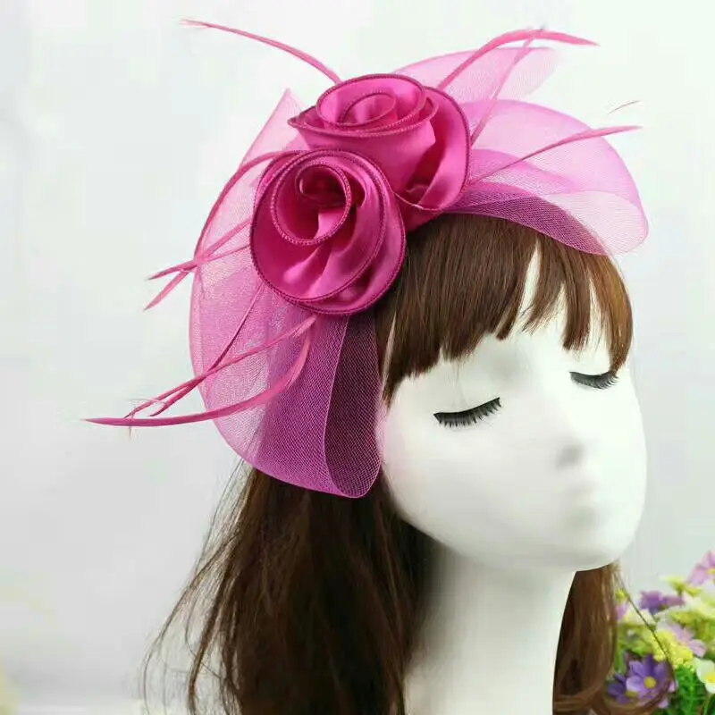 

Fuchsia Beige Feather Head Band Fashion Wedding Bridal Fascinator Sinamay Headwear Party/Races/Church/Cocktail Hair Accessories