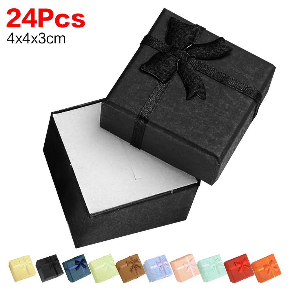 

24pcs/lot 4*4*3cm jewelry earring bracelet ring gift boxes black square carton bow case ES4548