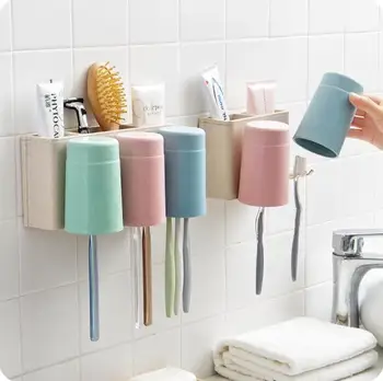 

Wall Shelf Hanging Toothbrush Holder Cup Wash Set Bathroom Organizer Toothbrush Storage Rack