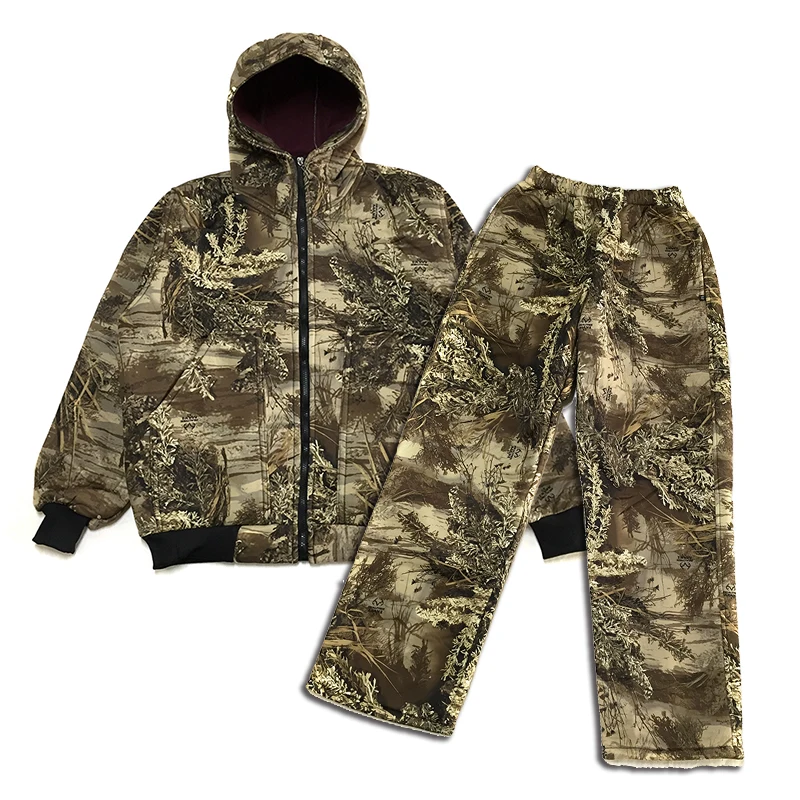 

Men Hunting Clothes Bush Camouflage Suit Fleece Lining Hooded Bomber Jacket Pants Men Camo Winter Hunting Suits Thermal Clothes