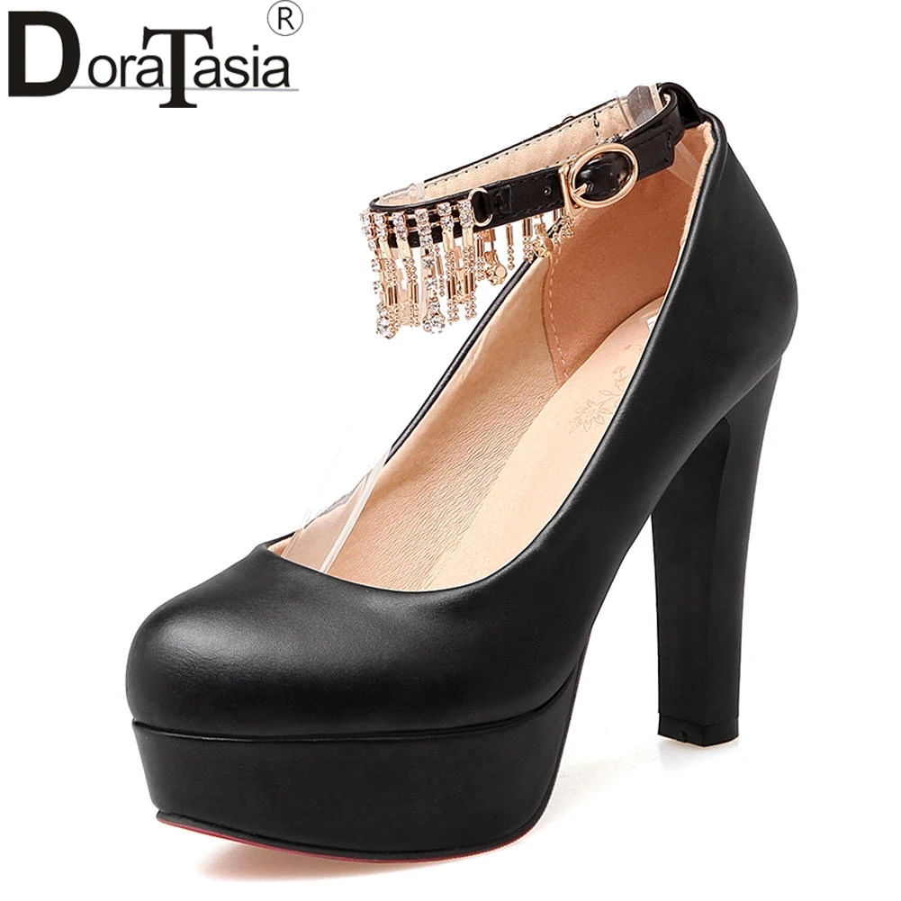 

DORATASIA New Solid Ankle Strap Square High Heels Crystal Platform Shoes Woman Casual Party Spring Pumps Big Size 32-43