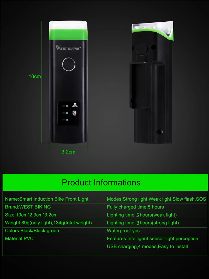 Clearance WEST BIKING Intelligent Bike Light Cycling Front Light 4 Modes  Warning Flashlight USB Charging Sensor Auto Lamp Bicycle Light 1