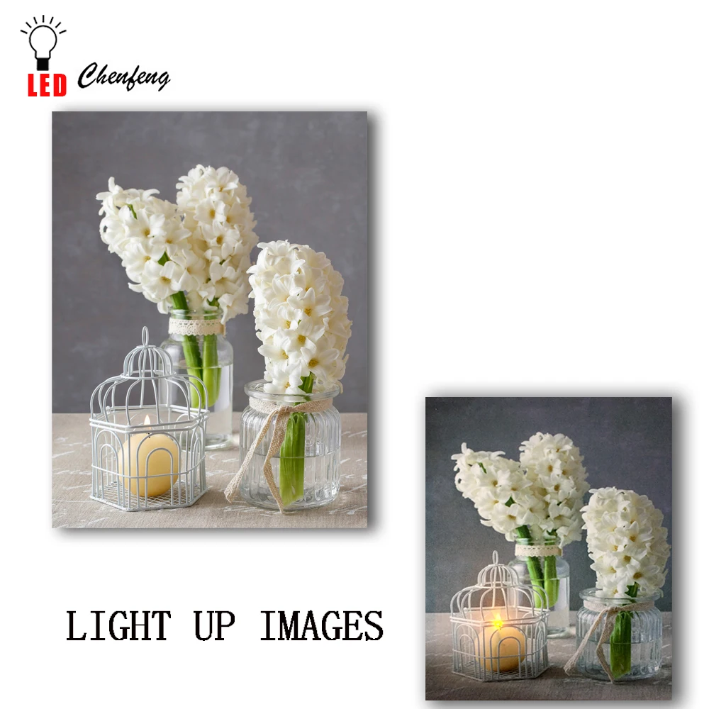 

Lighted led canvas print White hyacinth flowers in glass jars candle painting wall picture canvas wall art spring decor gift