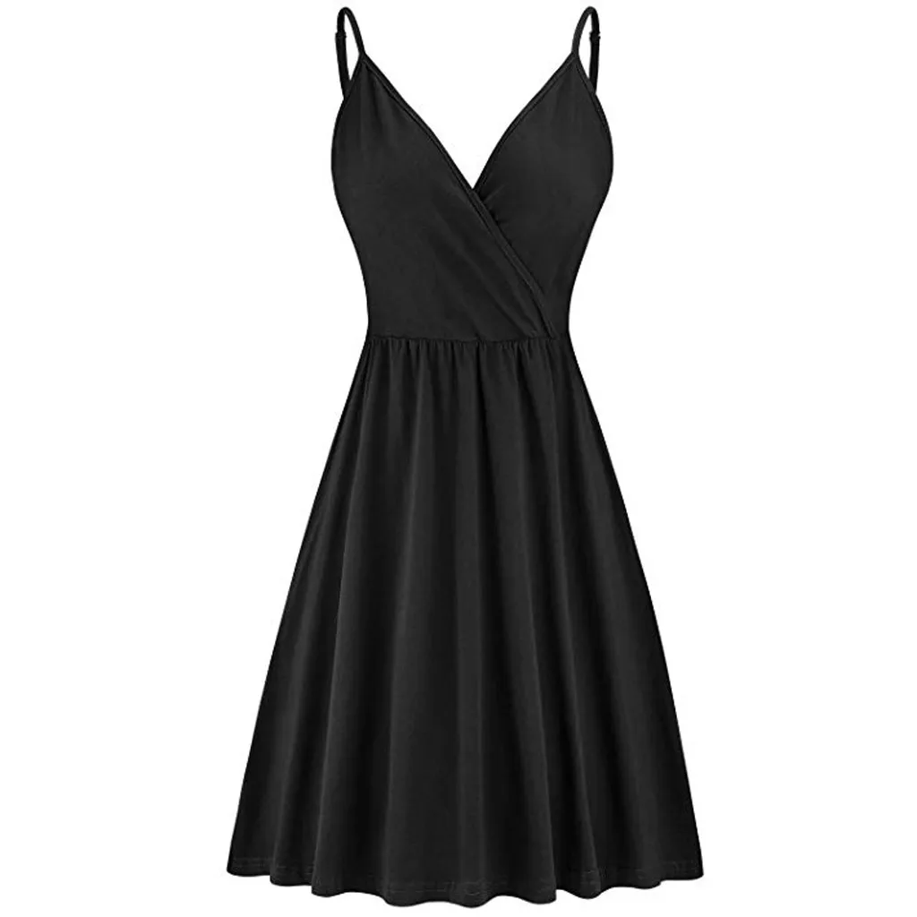 

Women Summer Dress 2019 V-Neck Strap Solid Black Dress Casual Mini Swing Beach Dress with Pockets Dress #0516